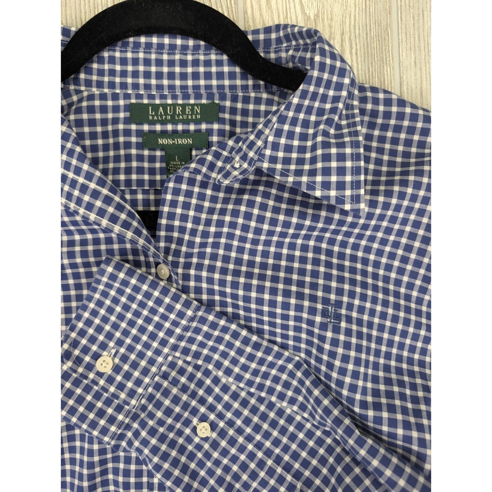 Ralph Lauren Gingham Button Down Shirt Men Large Blue Classic Monogram Non Iron